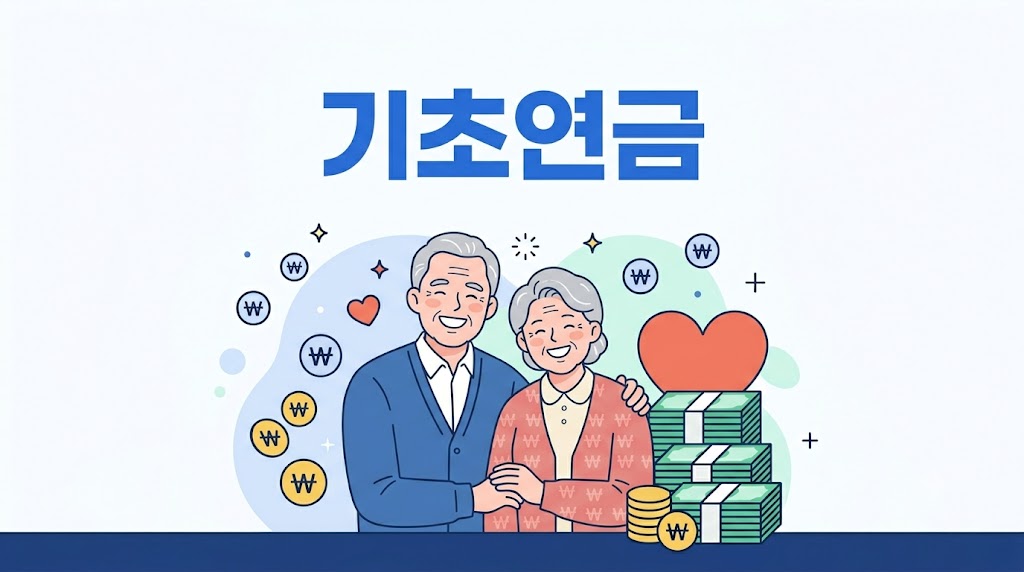 기초연금 수령액·신청방법 안내 - 환하게 웃는 노부부와 지원금 일러스트
