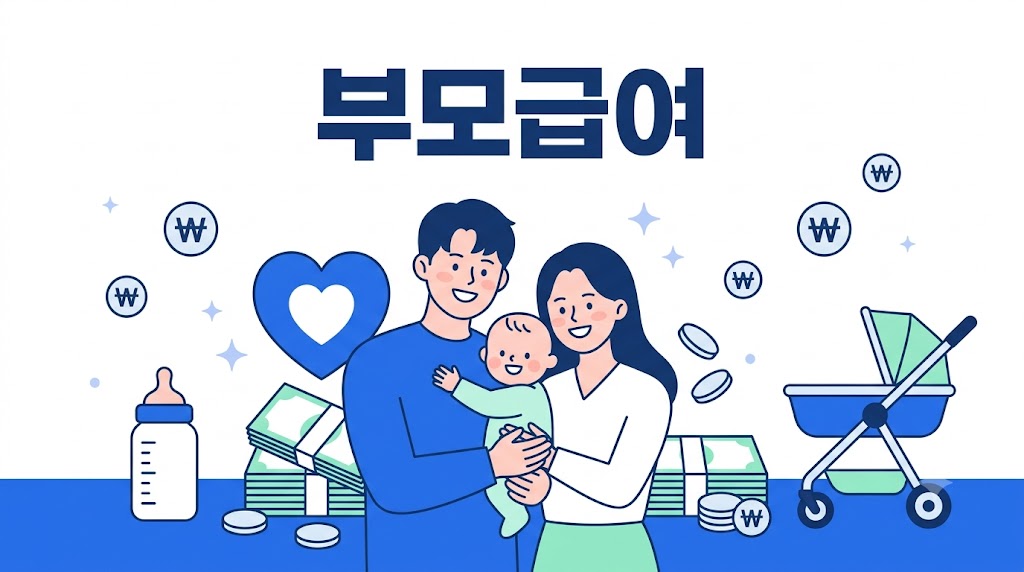 부모급여 신청방법·지급액 안내 - 아기를 안고 있는 부모 일러스트