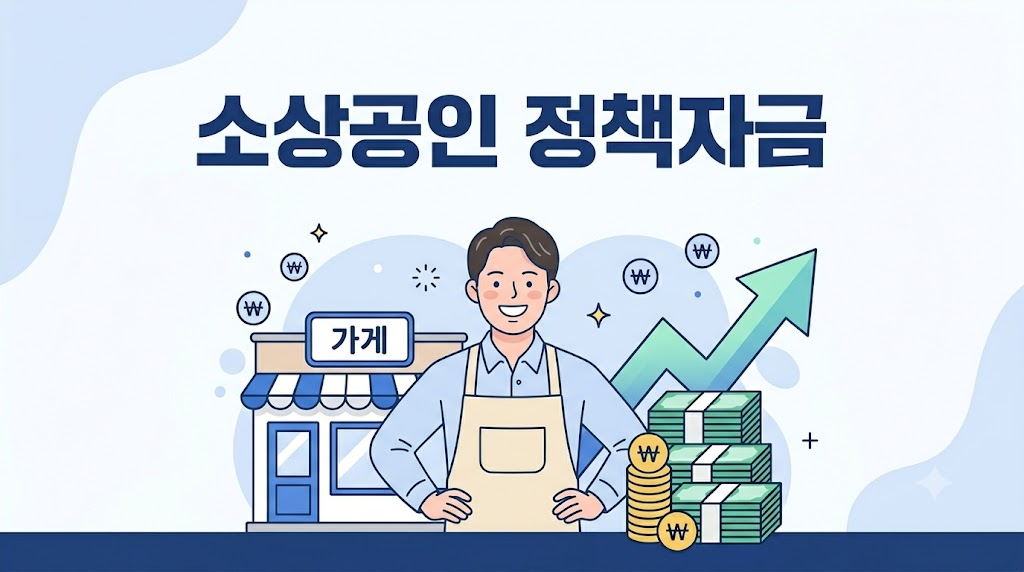 소상공인 정책자금 종류·금리·한도 안내 - 가게 앞에서 웃는 사장님 일러스트