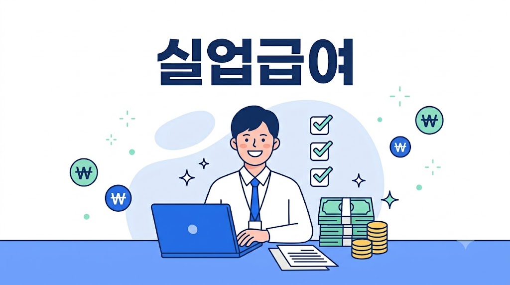 실업급여 신청방법·조건 안내 - 노트북으로 구직활동하는 직장인 일러스트