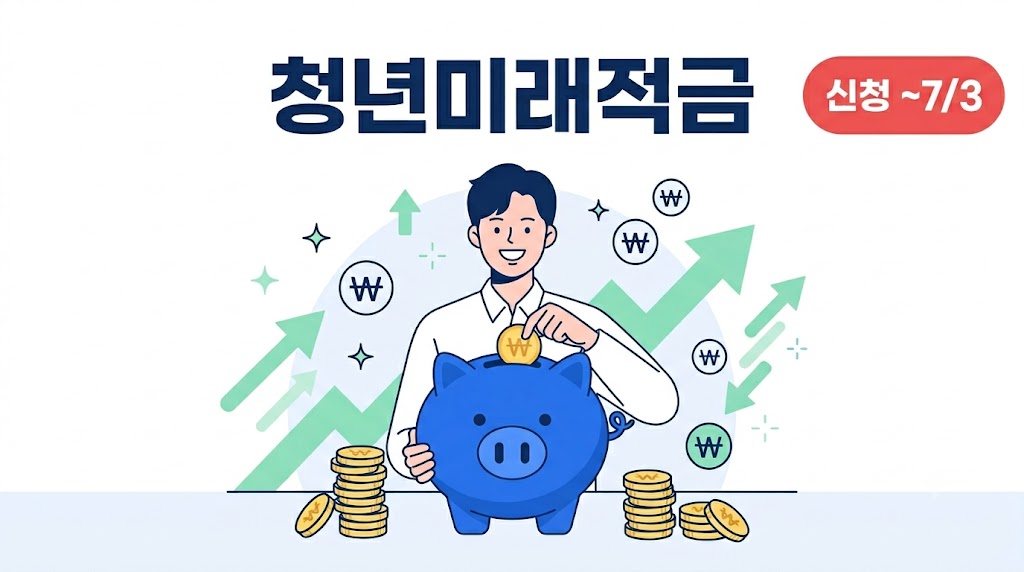 청년미래적금 안내 - 돼지저금통에 동전을 넣는 청년 일러스트