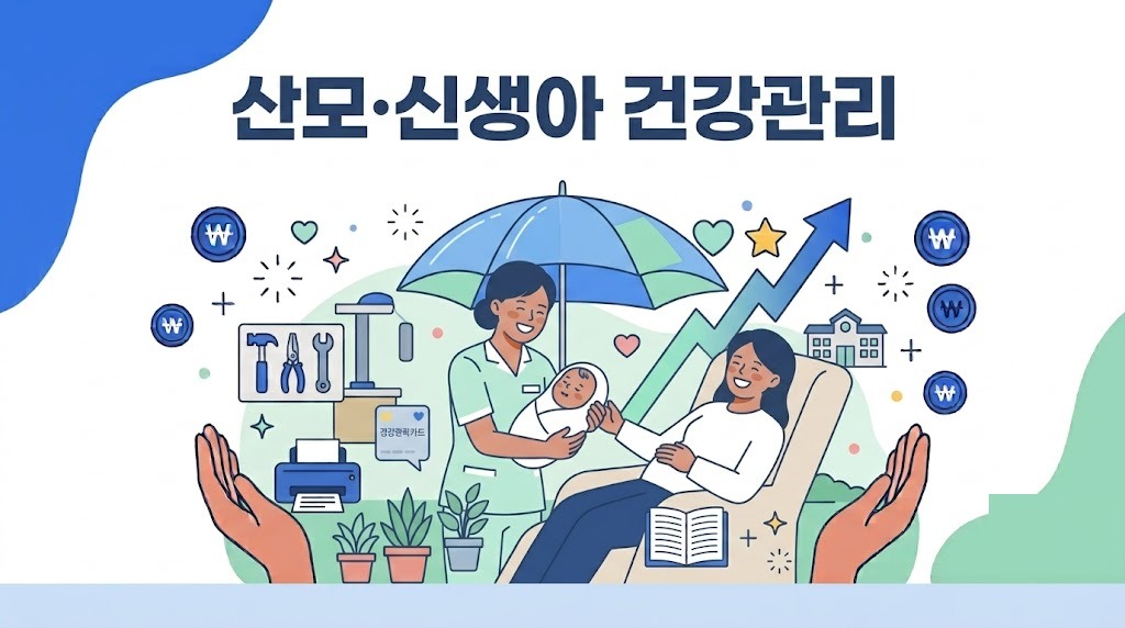산모신생아 건강관리 안내 - 건강관리사와 신생아 일러스트