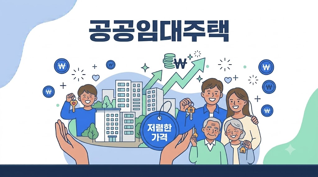 2026 공공임대주택 안내 - 아파트와 열쇠 일러스트